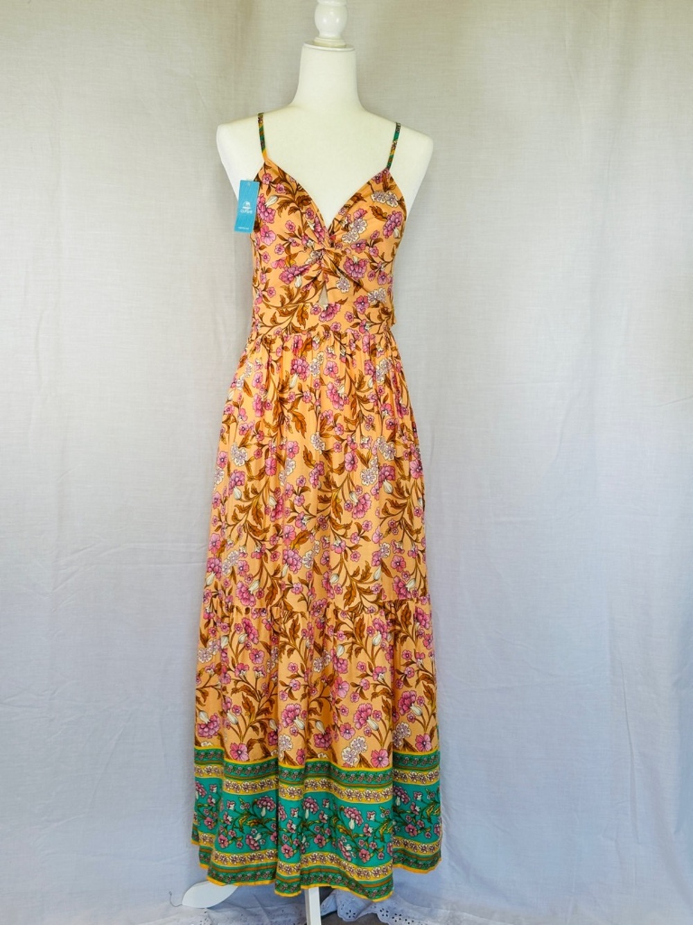 Cupshe Mustard Floral Tie-Front Maxi Dress with Green Trim